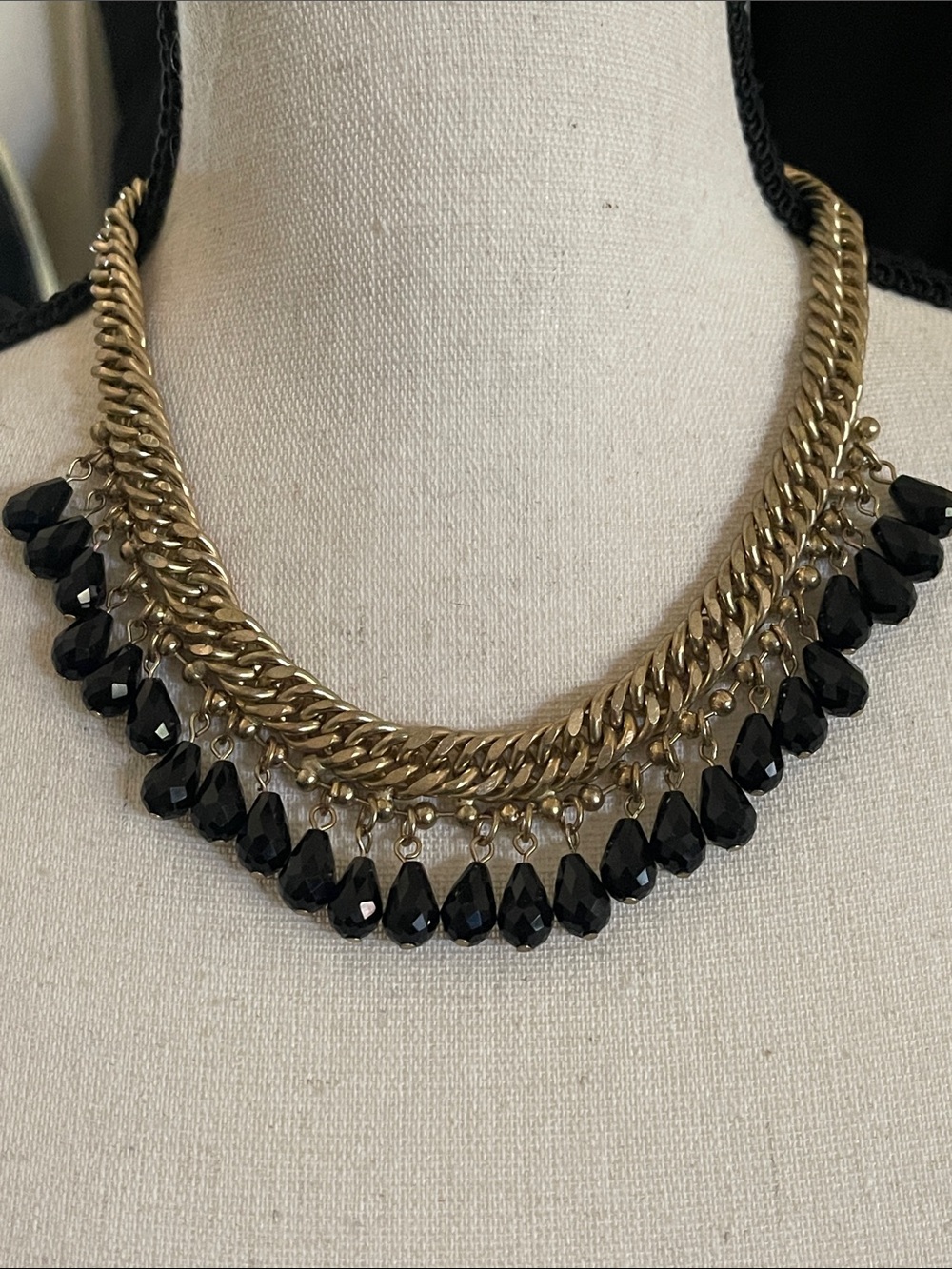 Gold Chain Statement Necklace with Black Faceted Beads